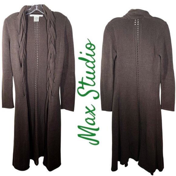 NWOT MAX STUDIO Open Cardigan Sweater Duster Chocolate Brown Shawl Collar, XS - Picture 1 of 10